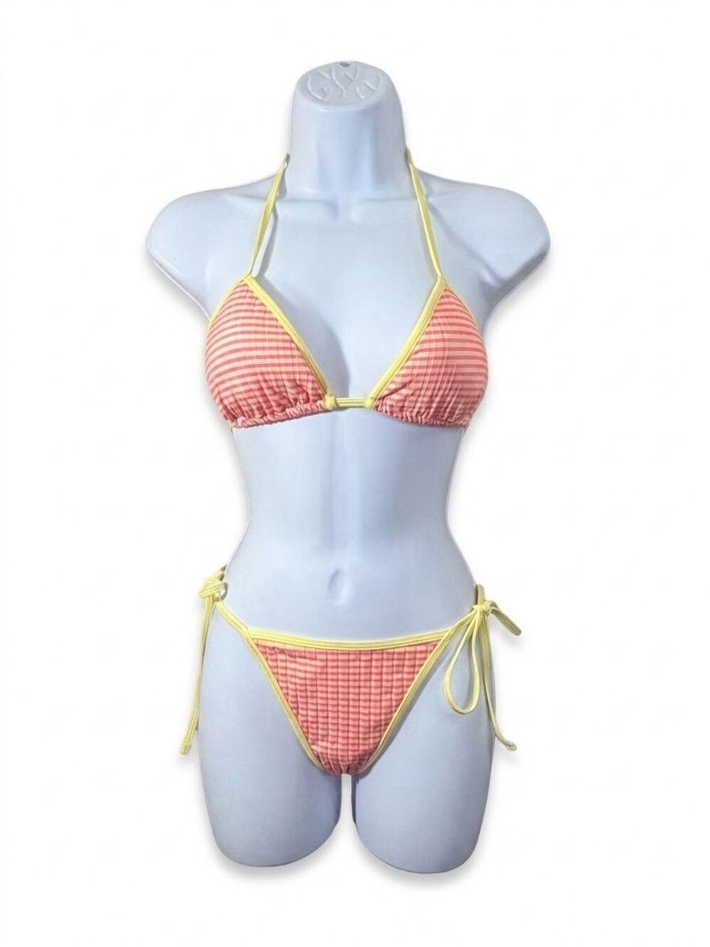 Aerie Ribbed String Triangle Cheeky Bikini Set Pink Yellow Stripe Size Small